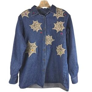 Vintage Karen Scott Spider Web Denim Shirt M Jeweled Spiders Halloween